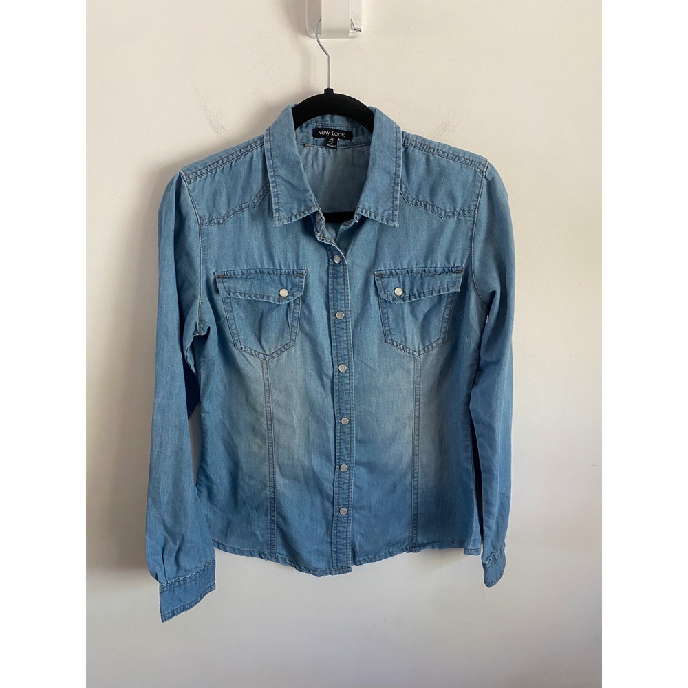 New Look Womens Light Wash Blue Denim Western Snap Button Down Shirt Size M